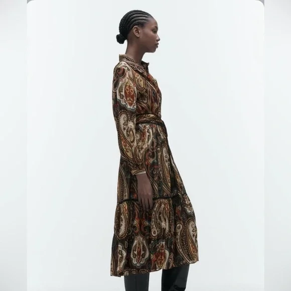 Zara Alabama Belted Midi Shirt Dress Women’s Medium Gold Paisley Lurex Button Up - Picture 7 of 13